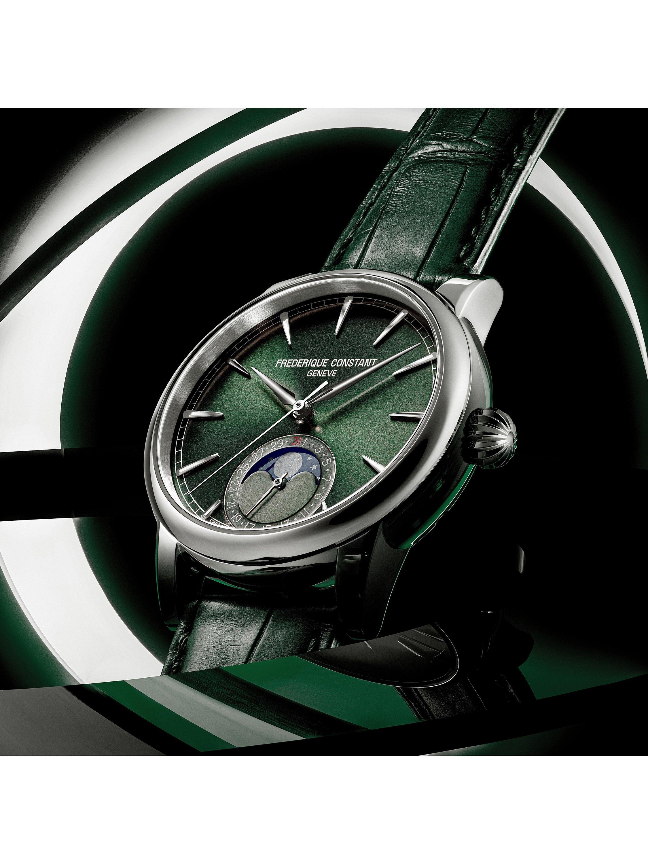 Product image 4 of 6, which shows Frederique Constant FC-716 Men's Classic Moonphase Date Manufacture Leather Strap Watch, Green