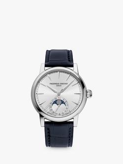 Frederique Constant FC-716 Men's Classic Moonphase Date Manufacture Leather Strap Watch, Silver/Silver