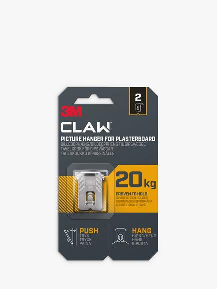 Command 3M CLAW Drywall Plasterboard Picture Hanger, Pack of 2, 20kg, Silver, Silver