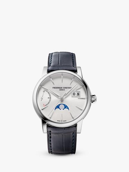 Frederique Constant FC-735S3H6 Men's Classic Power Reserve Big Date Manufacture Automatic Leather Strap Watch, Blue/Silver, Blue/Silver