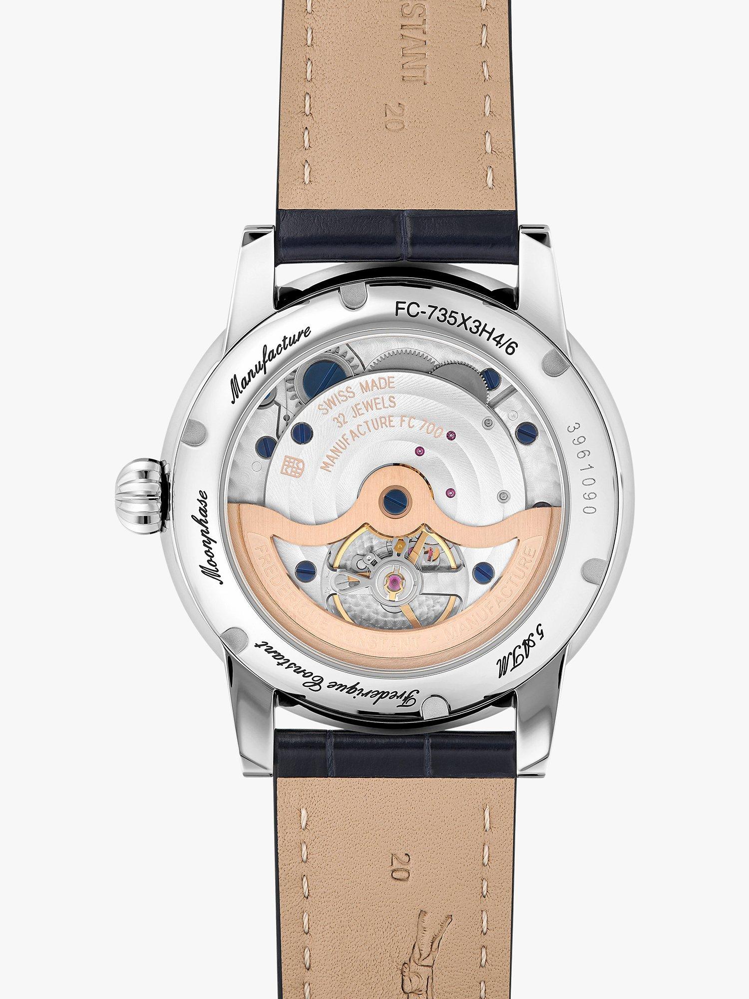 Frederique Constant FC-735S3H6 Men's Classic Power Reserve Big Date Manufacture Automatic Leather Strap Watch, Blue/Silver