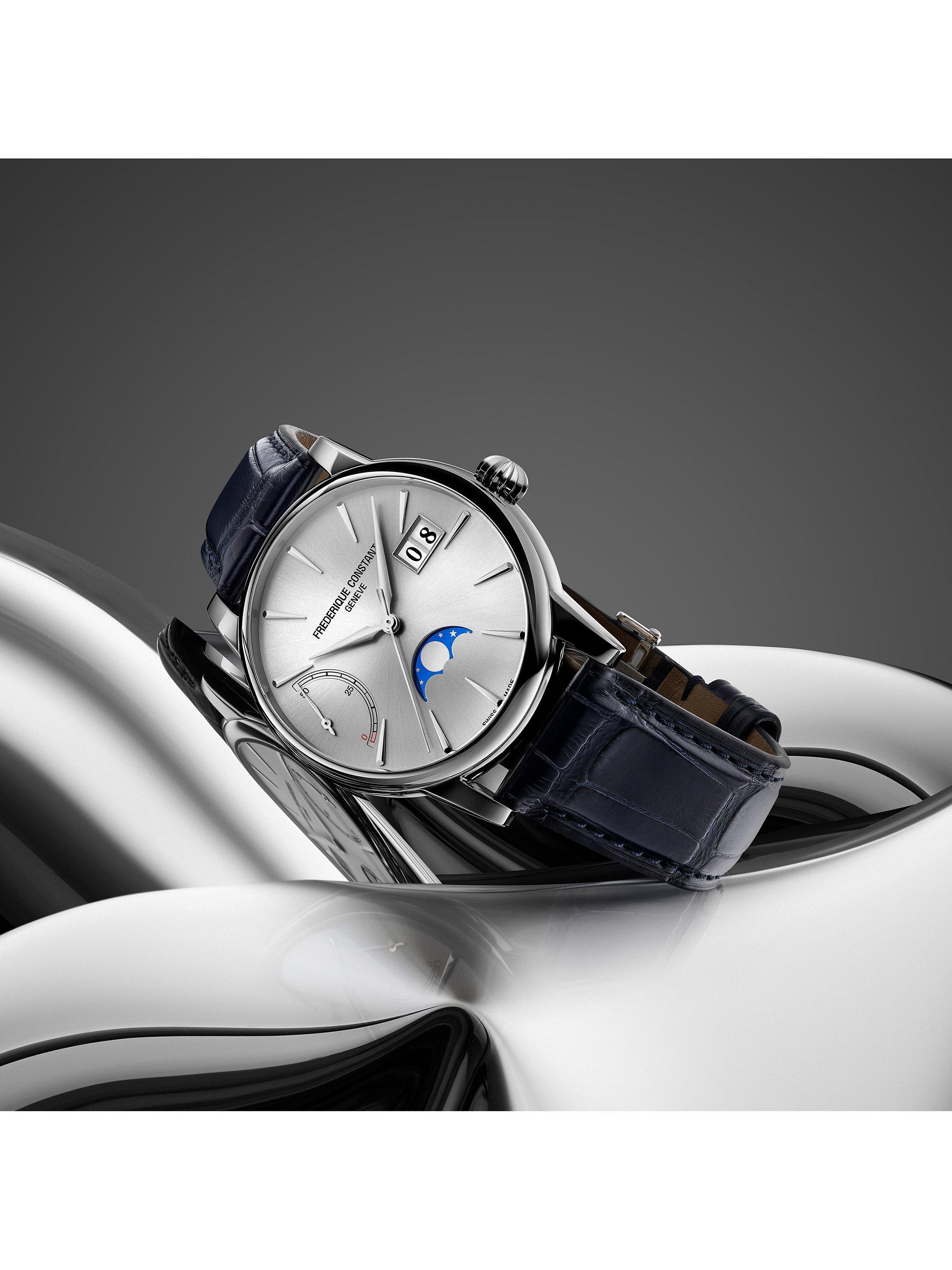 Frederique Constant FC-735S3H6 Men's Classic Power Reserve Big Date Manufacture Automatic Leather Strap Watch, Blue/Silver