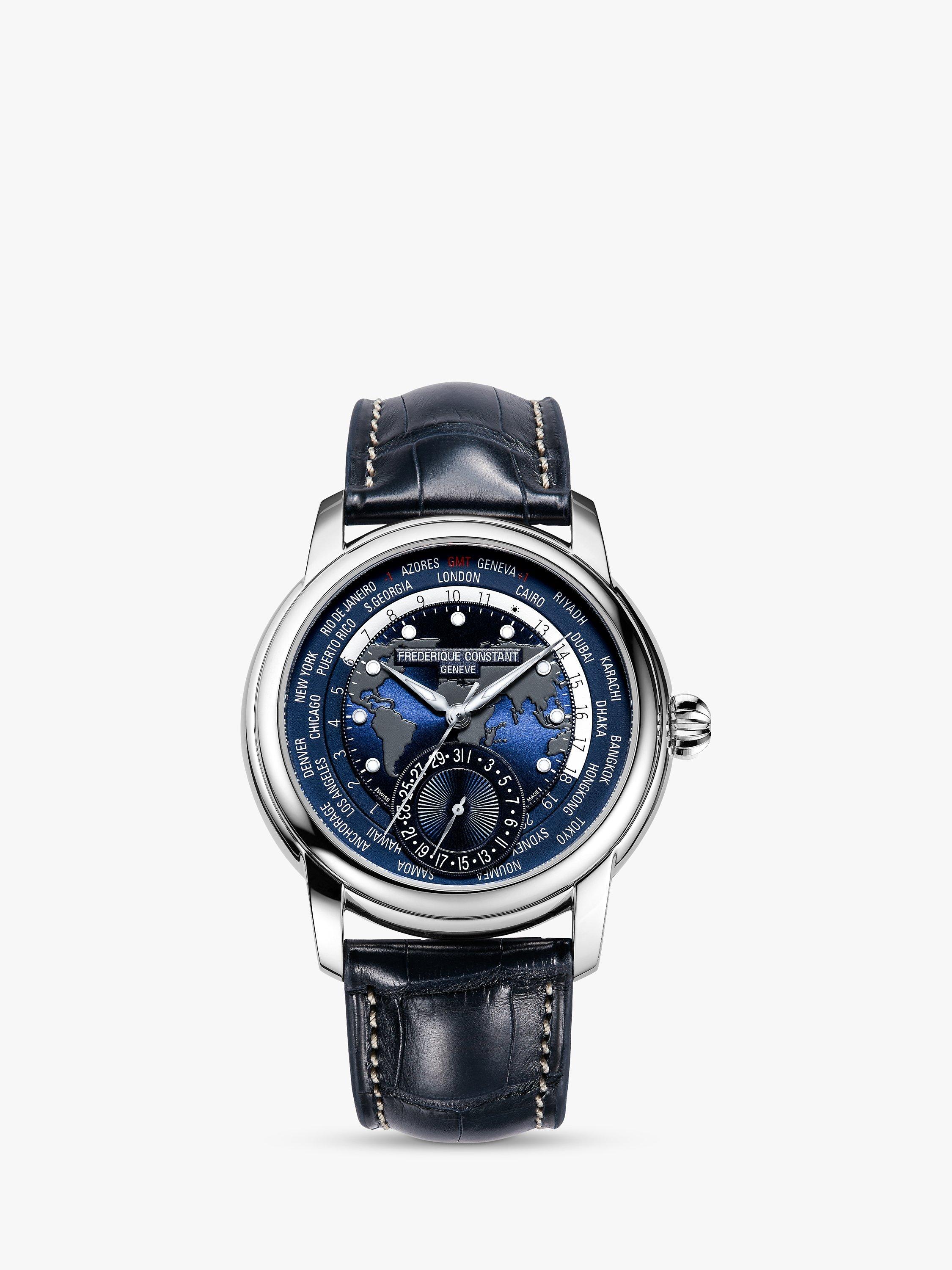 Product image 1 of 4, which shows Frederique Constant FC-718NWM4H6 Men's Classic World Timer Manufacture Automatic Leather Strap Watch, Blue