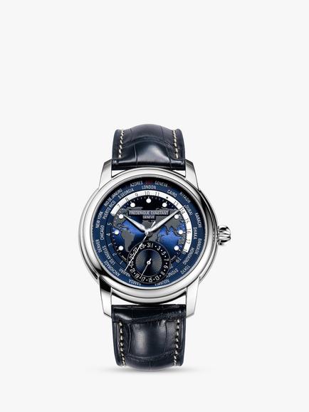 Frederique Constant FC-718NWM4H6 Men's Classic World Timer Manufacture Automatic Leather Strap Watch, Blue, Blue
