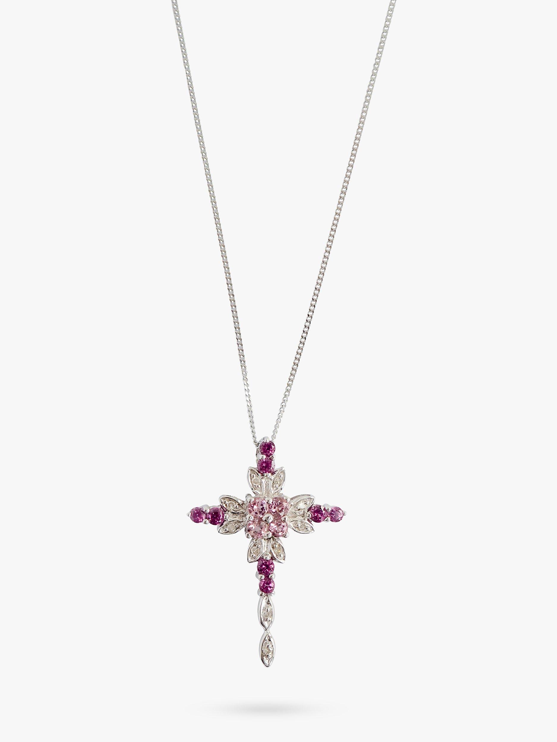 Product image 1 of 1, which shows L & T Heirlooms Pre-Loved 9ct White Gold Diamond and Amethyst Cross Pendant Necklace