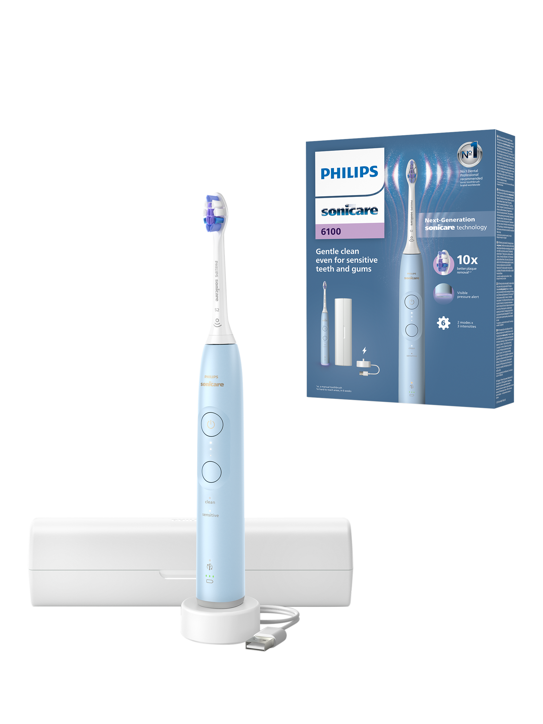 Product image 1 of 8, which shows Philips Sonicare 6100 HX7406/02 Electric Toothbrush, Light Blue