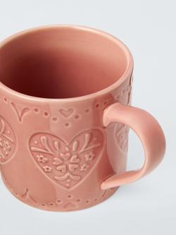 John Lewis Embossed Heart Stoneware Mug, 320ml - view 2, Mid Pink