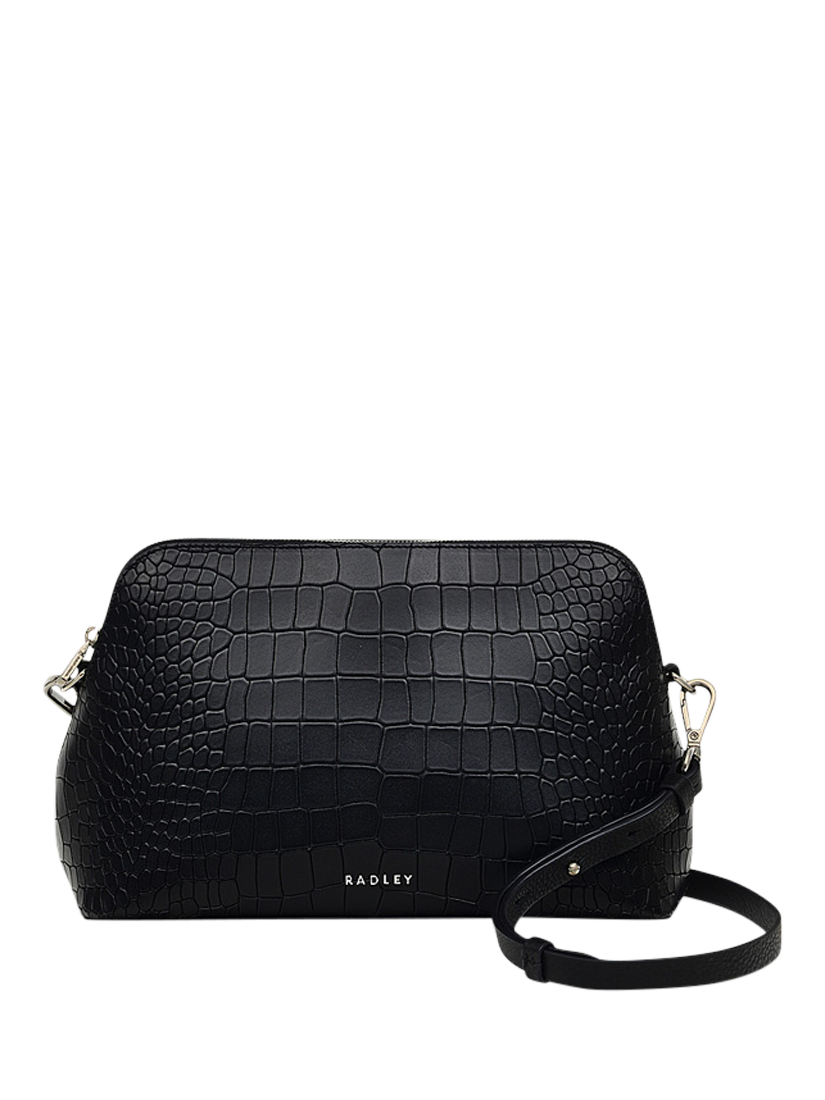 Product image 1 of 5, which shows Radley Liverpool Street Icon Leather Croc Effect Medium Zip Top Crossbody Bag, Black