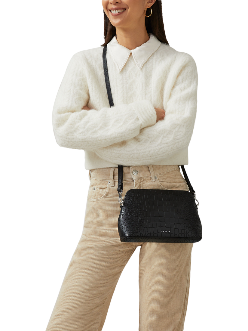 Product image 5 of 5, which shows Radley Liverpool Street Icon Leather Croc Effect Medium Zip Top Crossbody Bag, Black