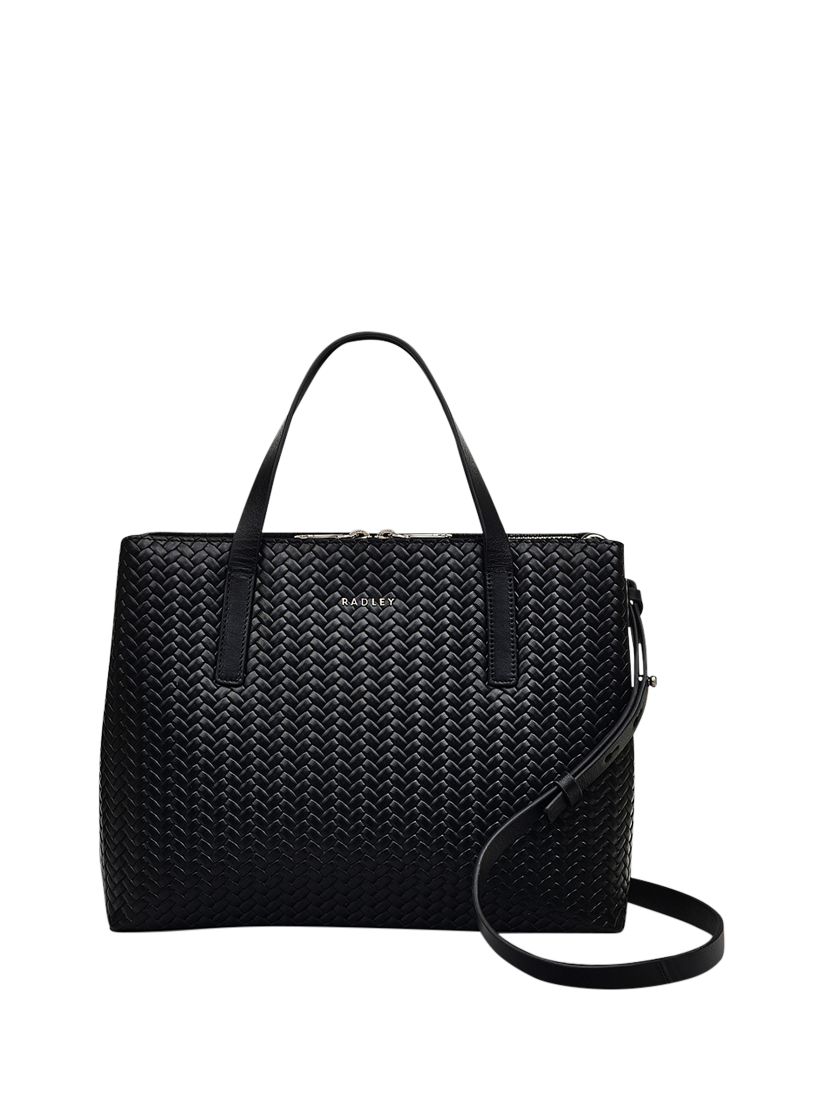 Product image 1 of 6, which shows Dukes Place Leather Weave Medium Zip Top Grab Bag, Black