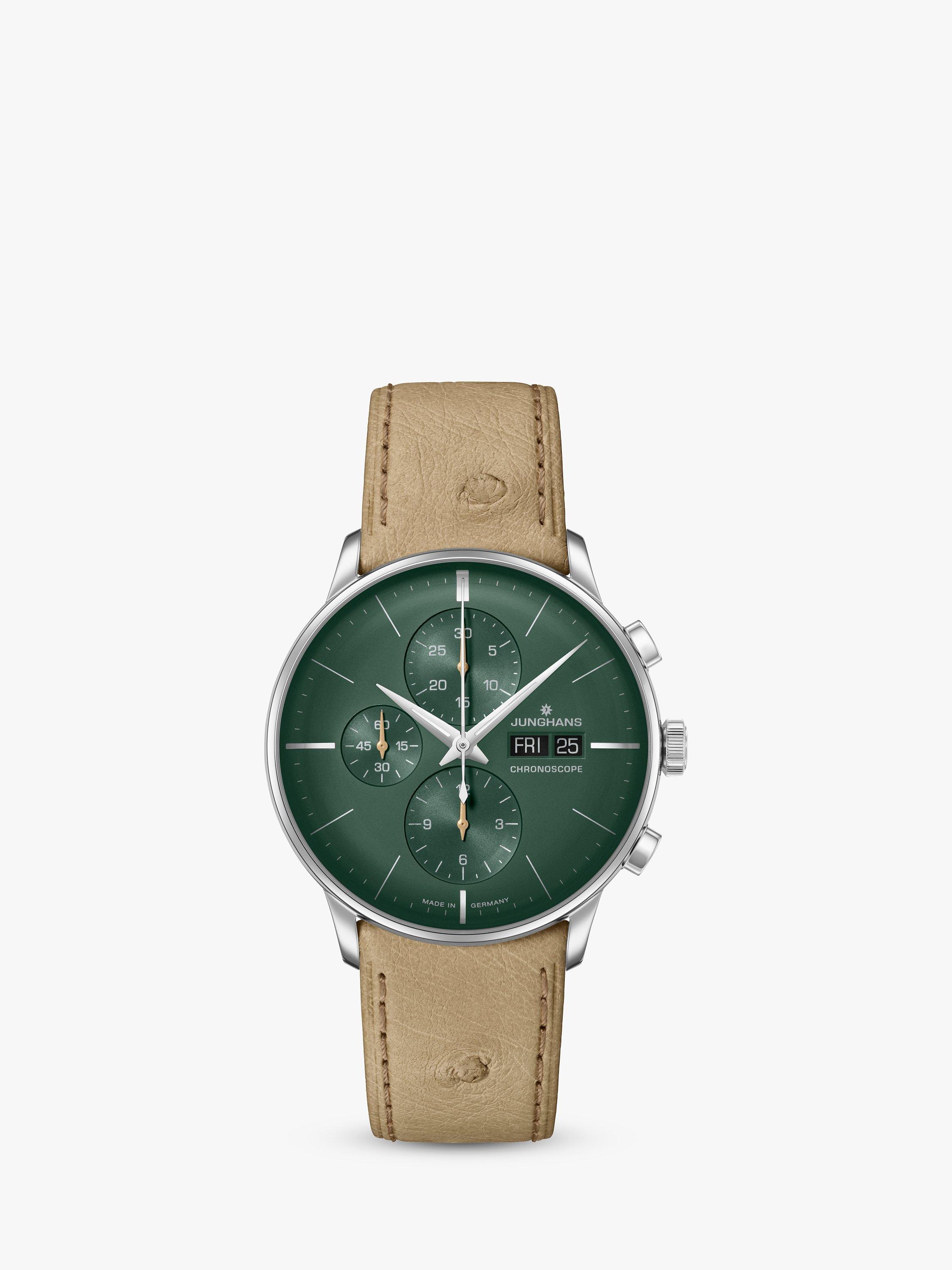 Junghans Men's Meister Chronoscope Automatic Leather Strap Watch, Beige/Green 27/4222.03
