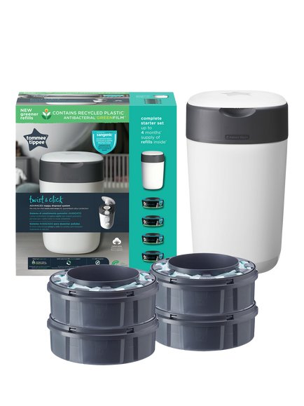 Tommee Tippee Twist & Click Advanced Nappy Bin Starter Set with 4x Refill Cassettes, Multi