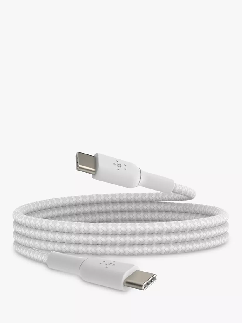 White braided USB-C to USB-C charging cable, durable fast-charge lead for smartphones, tablets and laptops