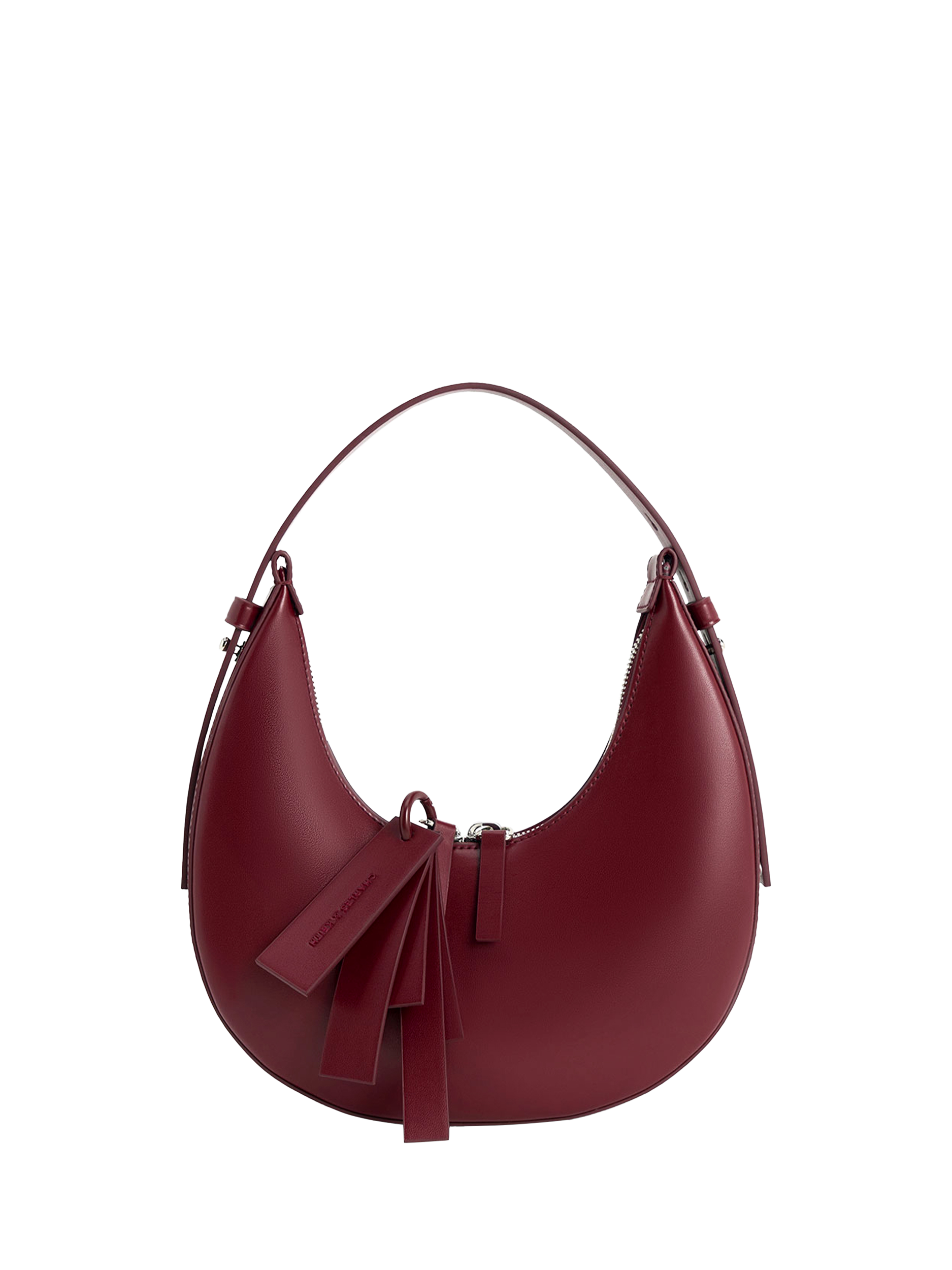 Product image 1 of 5, which shows CHARLES & KEITH Carey Crescent Faux Leather Hobo Bag, Burgundy