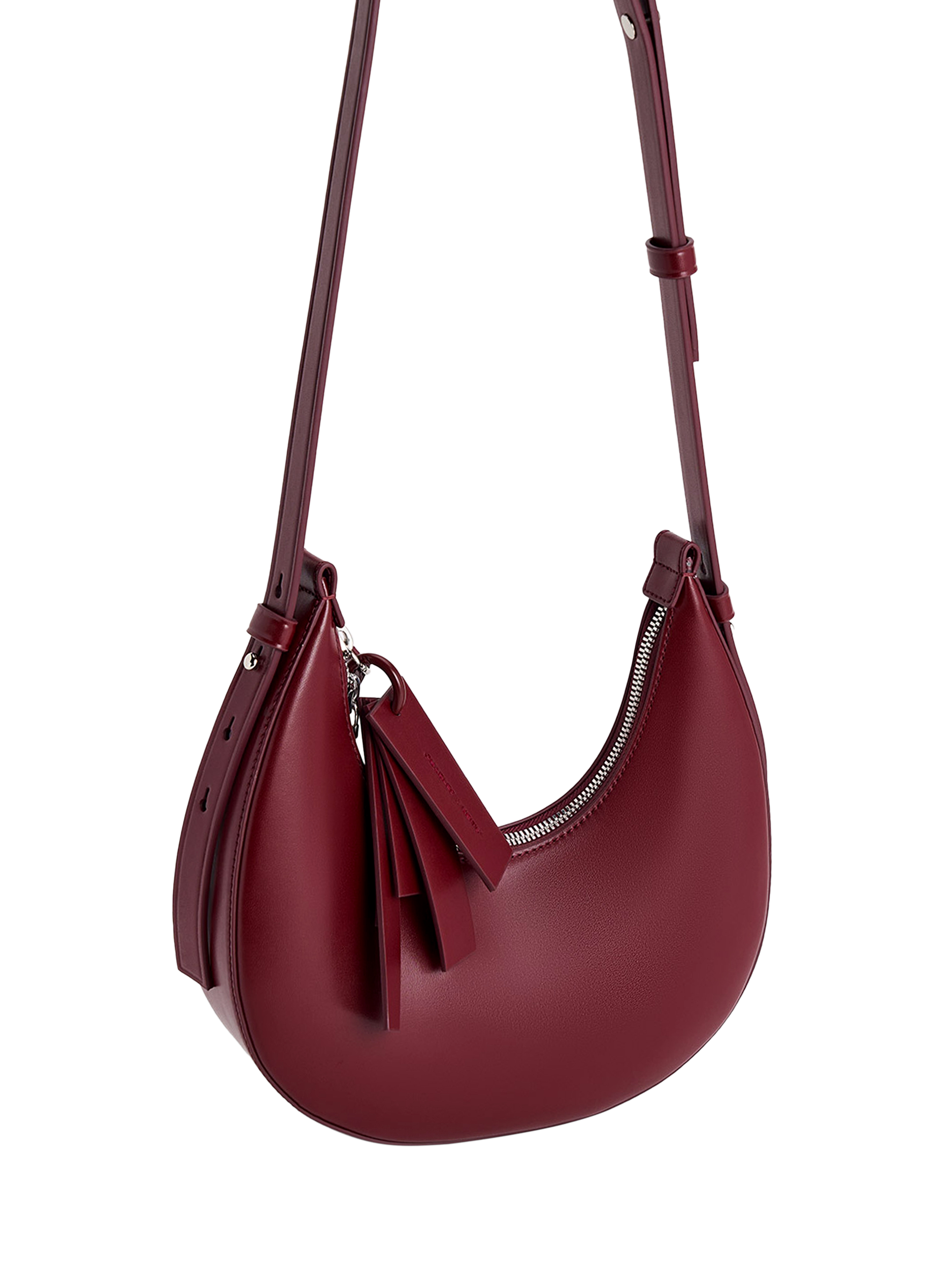Product image 2 of 5, which shows CHARLES & KEITH Carey Crescent Faux Leather Hobo Bag, Burgundy