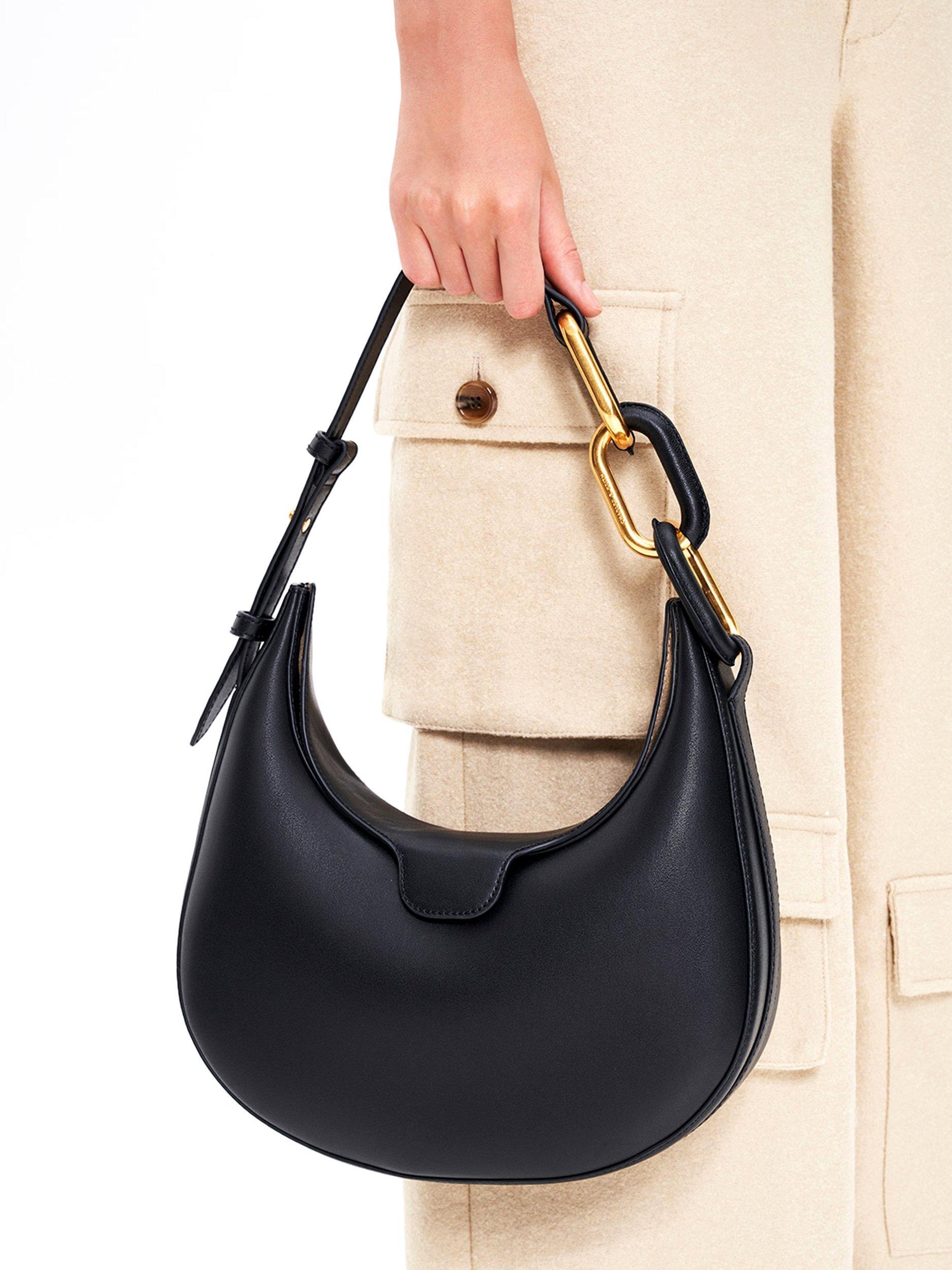 Product image 7 of 7, which shows CHARLES & KEITH Kora Moon Faux Leather Shoulder Bag, Black