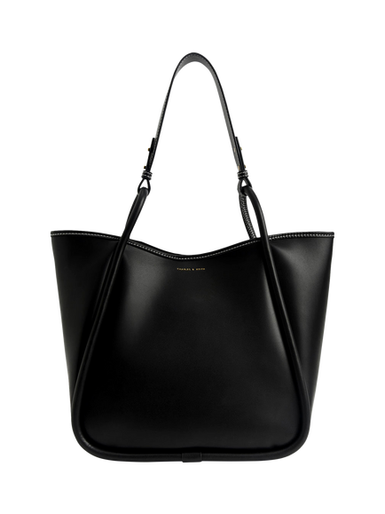 CHARLES & KEITH Lyla Tubular Slouchy Faux Leather Tote Bag, Black