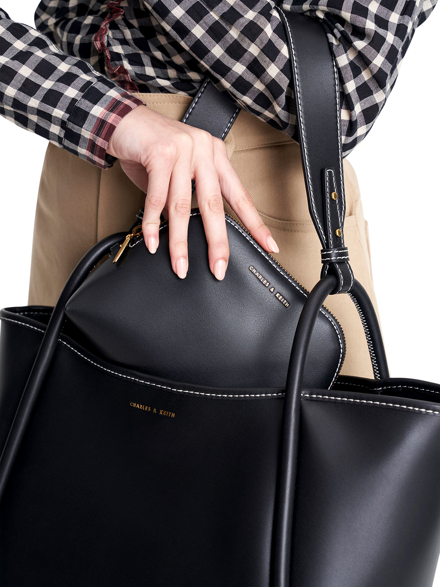 Product image 6 of 7, which shows CHARLES & KEITH Tubular Slouchy Faux Leather Tote Bag, Black
