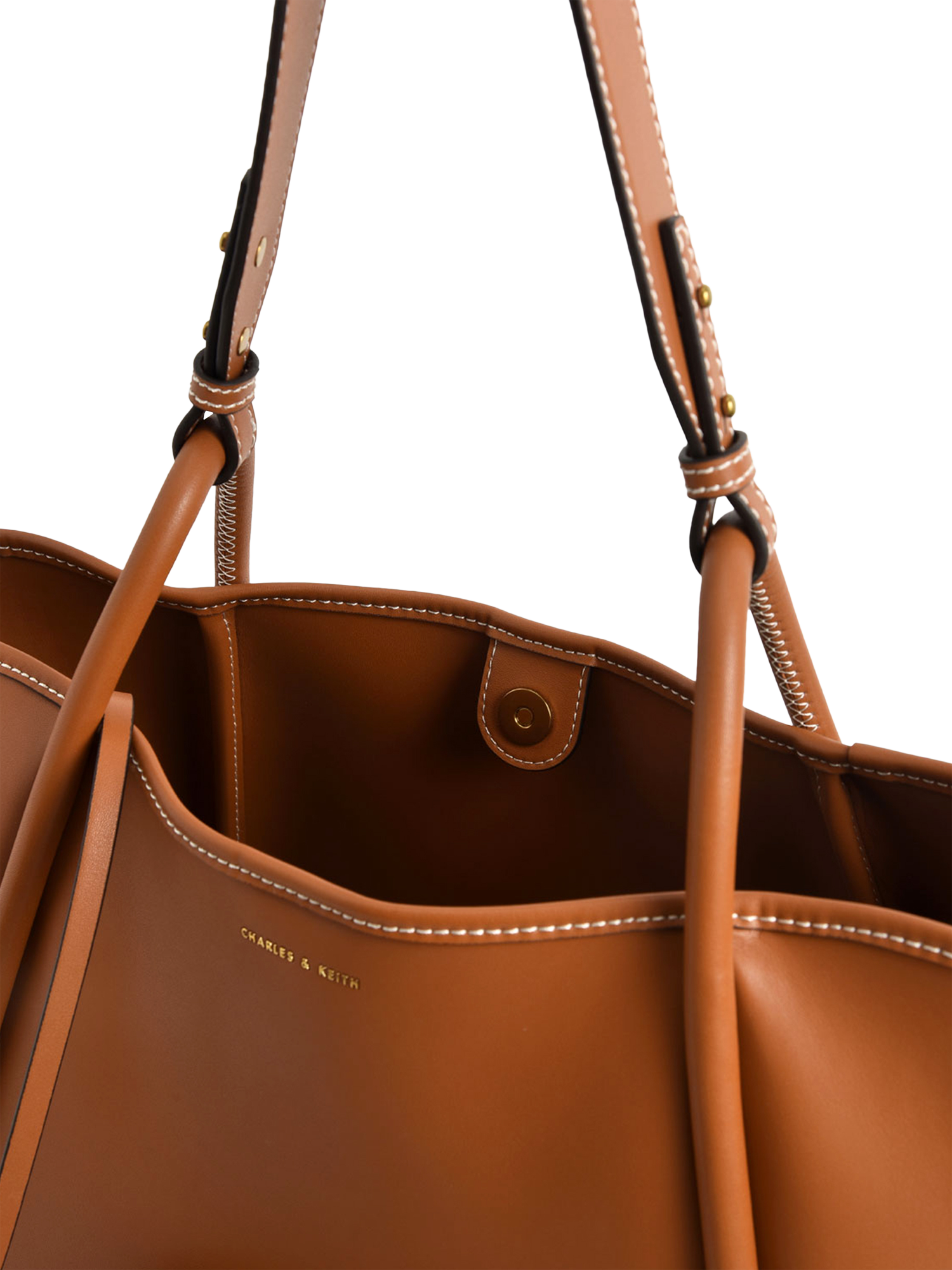 Product image 5 of 7, which shows CHARLES & KEITH Faux Leather Tub Slouchy Shoulder Bag, Cognac