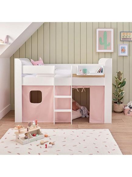 Great Little Trading Co Paddington Mid Sleeper Bed with Bed Curtain, Chalk/Pink - view 2, Chalk Pink