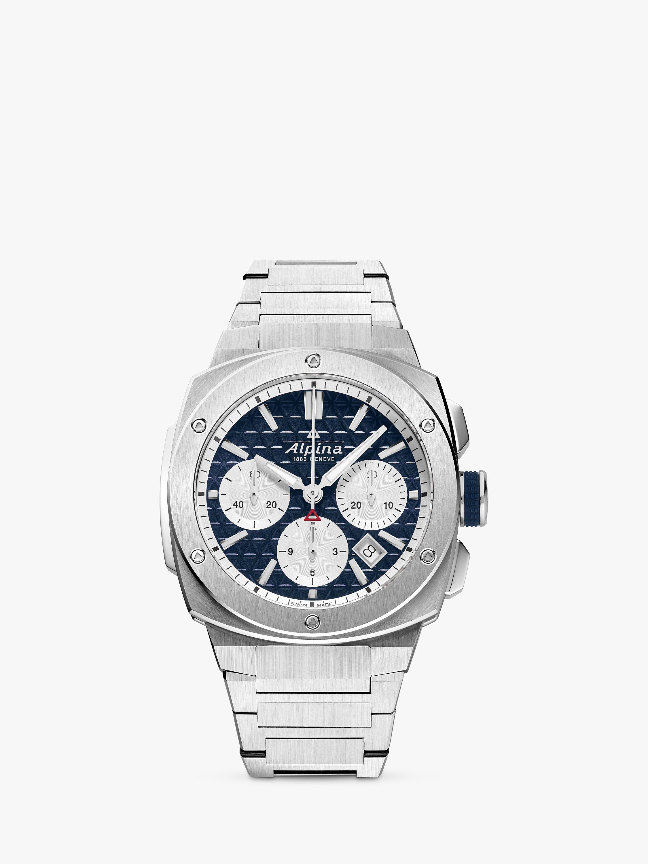 Product image 1 of 5, which shows Alpina AL-730NS4AE6B Men's Alpiner Extreme Chronograph Automatic Bracelet Strap Watch, Silver/Navy
