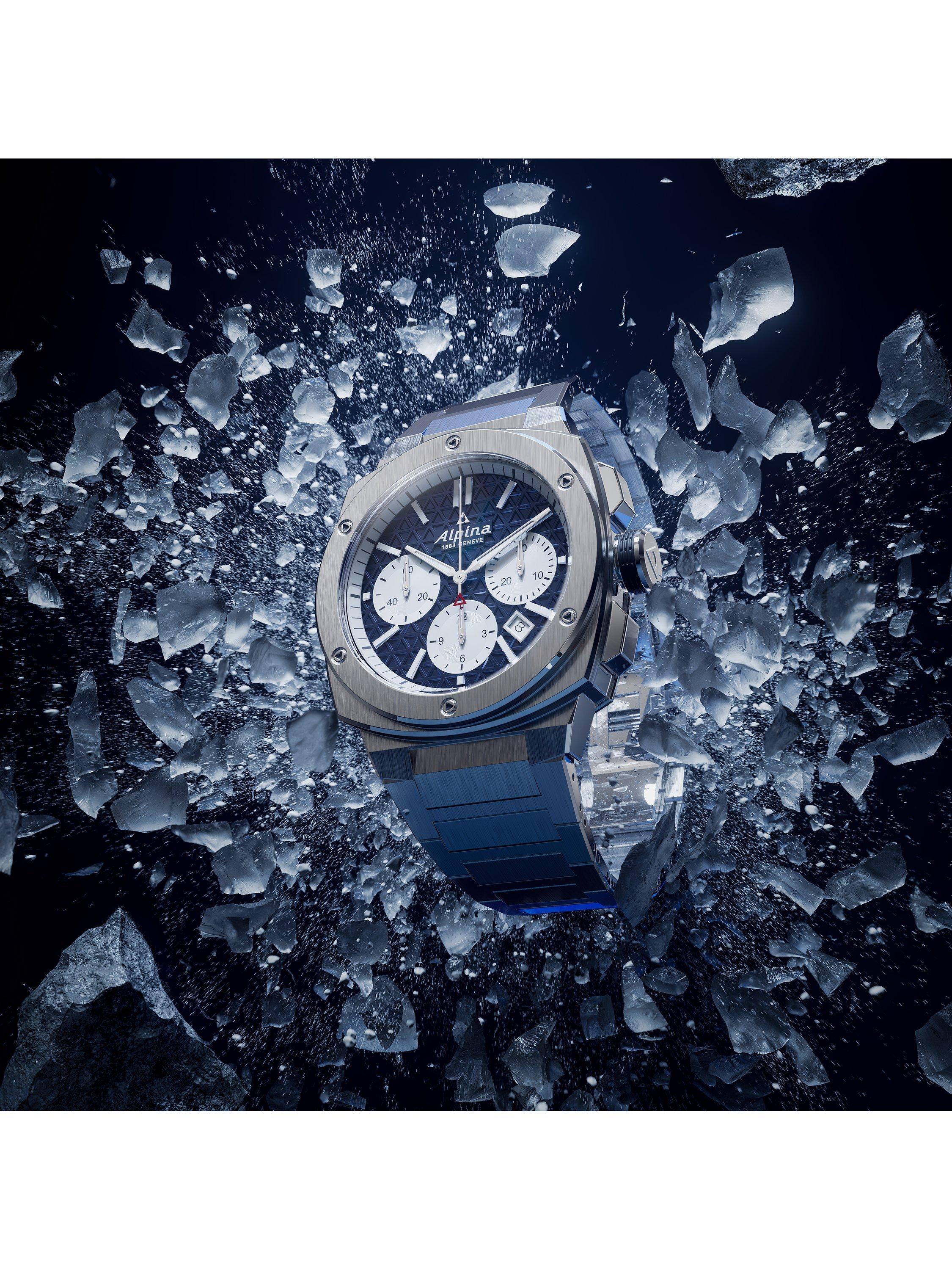 Product image 4 of 5, which shows Alpina AL-730NS4AE6B Men's Alpiner Extreme Chronograph Automatic Bracelet Strap Watch, Silver/Navy