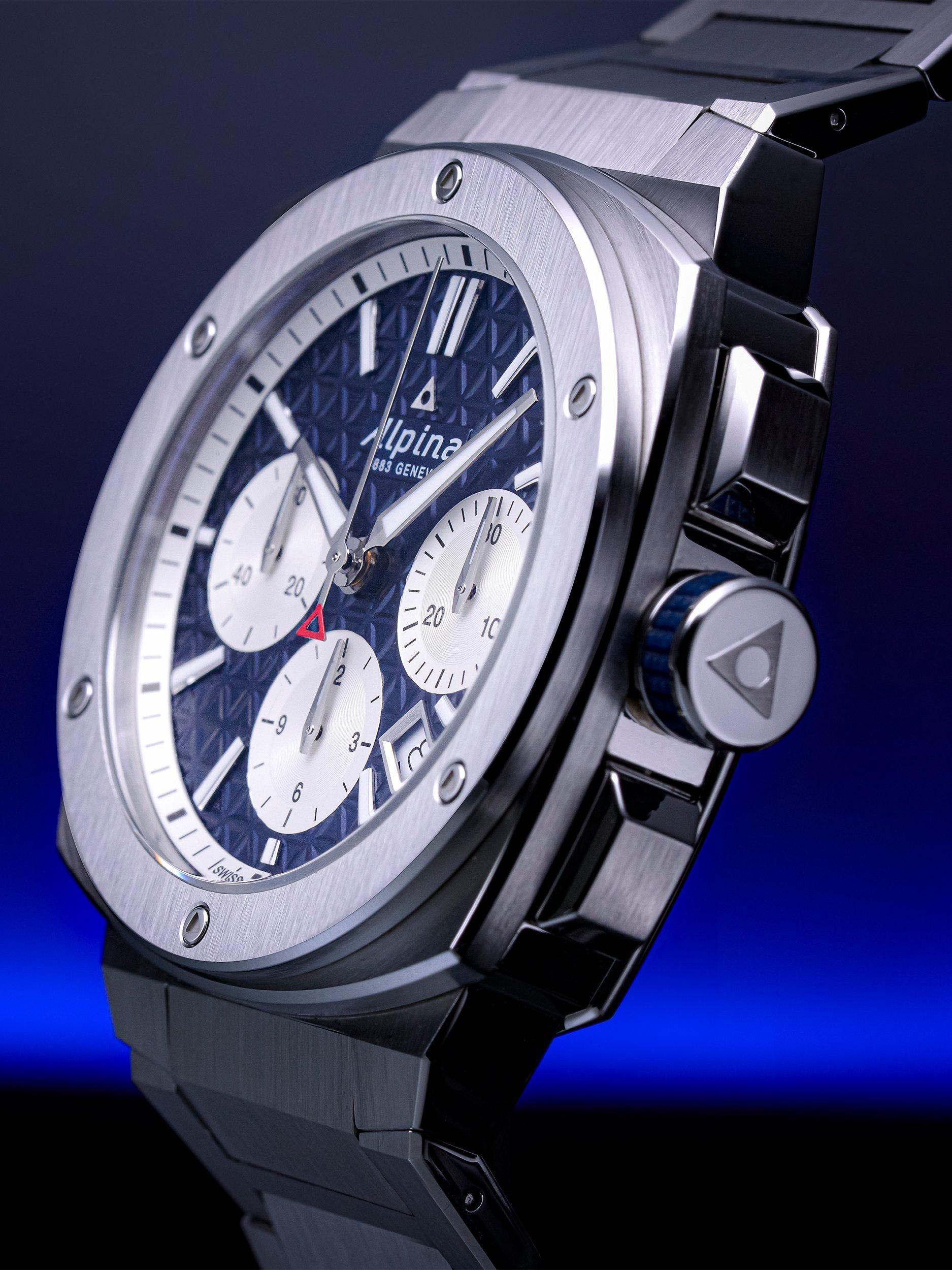 Product image 5 of 5, which shows Alpina AL-730NS4AE6B Men's Alpiner Extreme Chronograph Automatic Bracelet Strap Watch, Silver/Navy