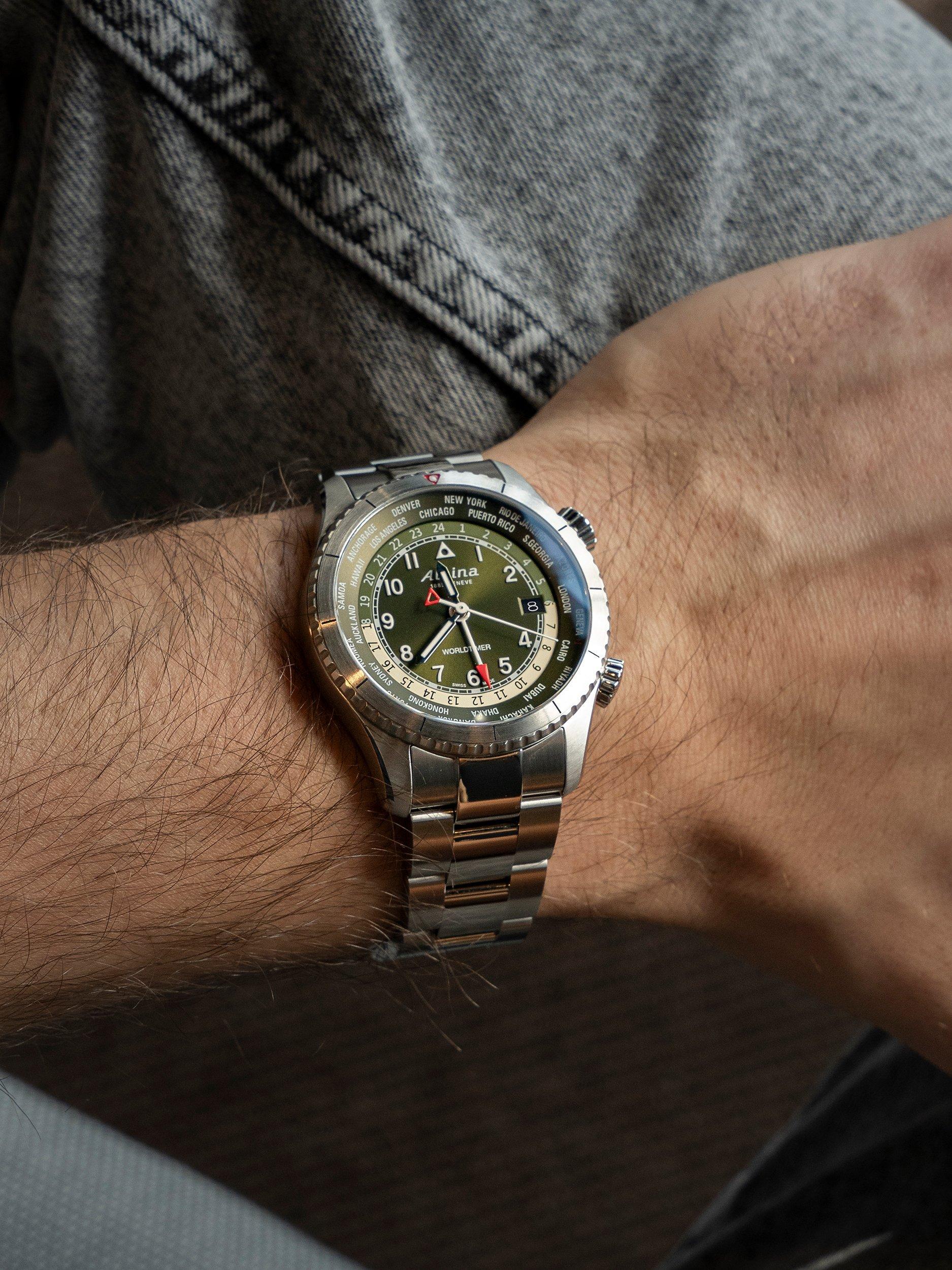 Product image 4 of 5, which shows Alpina AL-255GR4S26B Men's Startimer Pilot Quartz Worldtimer Bracelet Strap Watch, Blue