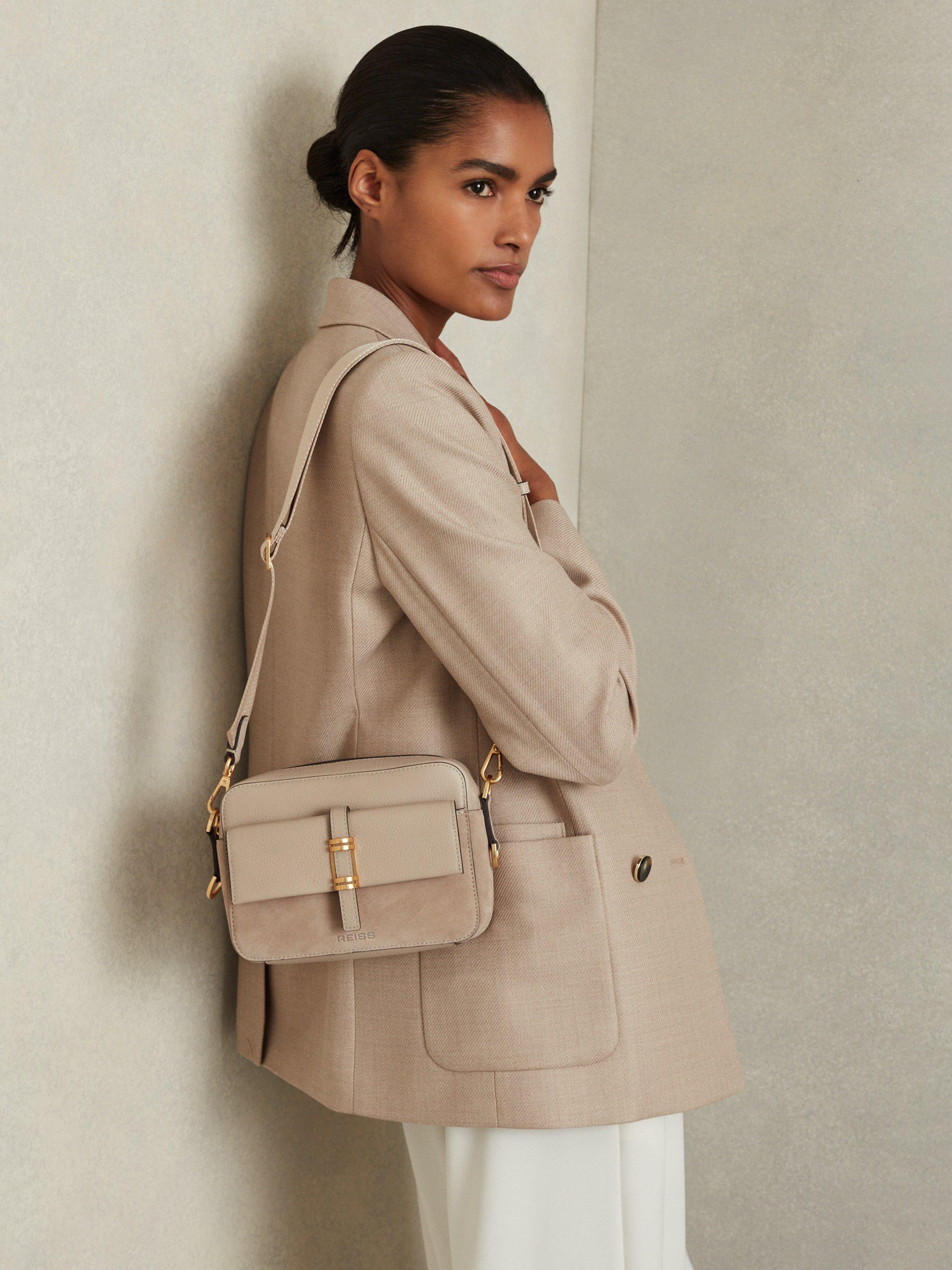 Product image 3 of 5, which shows Reiss Orla Leather & Suede Crossbody Camera Bag, Taupe