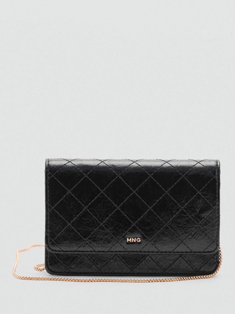 Mango Diana Diamond Stitch Chain Flapover Purse, Black