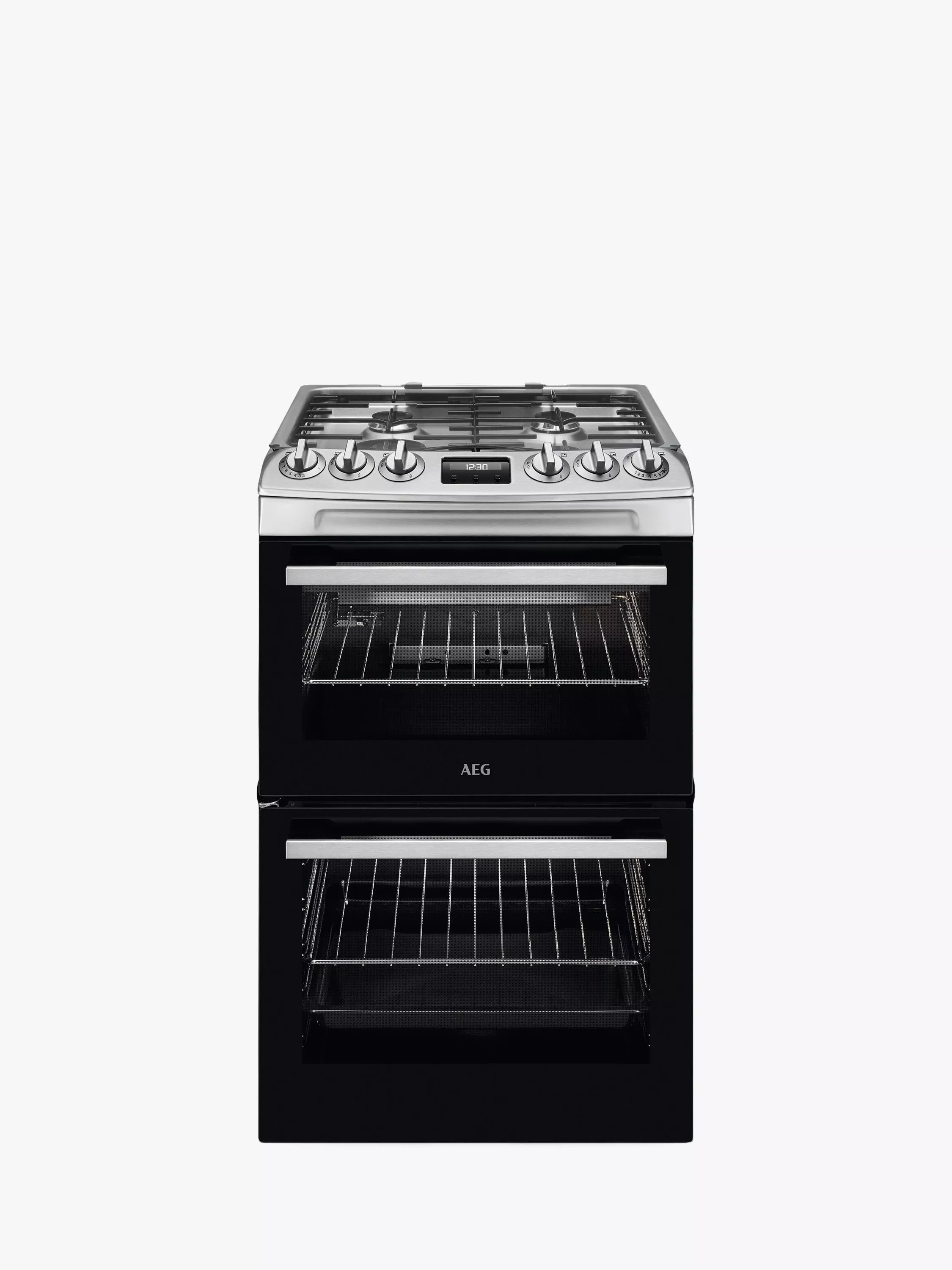 AEG stainless steel freestanding cooker with gas hob, dual oven cavities and digital timer, front view on black
