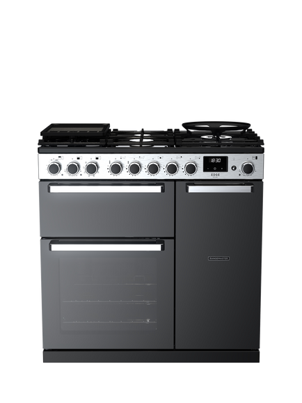 Rangemaster Edge Deluxe EDDL90DFGBLK/CM1 90cm Dual Fuel Range Cooker with Gas Hob, Black, Black