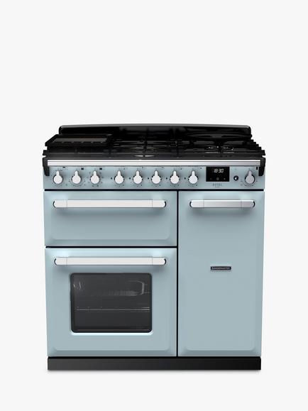 Rangemaster Estel Deluxe ESDL90DFPMSB/CM1 90cm Dual Fuel Range Cooker with Gas Hob, Misty Blue, Misty Blue