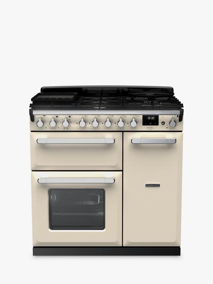 Rangemaster Estel Deluxe ESDL90DFPPCR/CM1 90cm Dual Fuel Range Cooker with Gas Hob, Pale Cream, Pale Cream