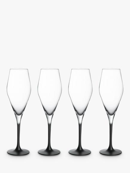 Villeroy & Boch Manufacture Rock Champagne Glass Flute, Set of 4, 120ml, Clear/Black, Clear/Black