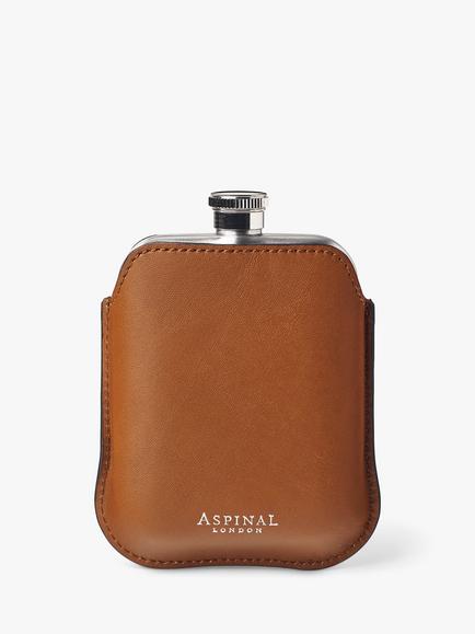 Aspinal of London 5oz Hip Flask & Leather Pouch, Tan, Tan