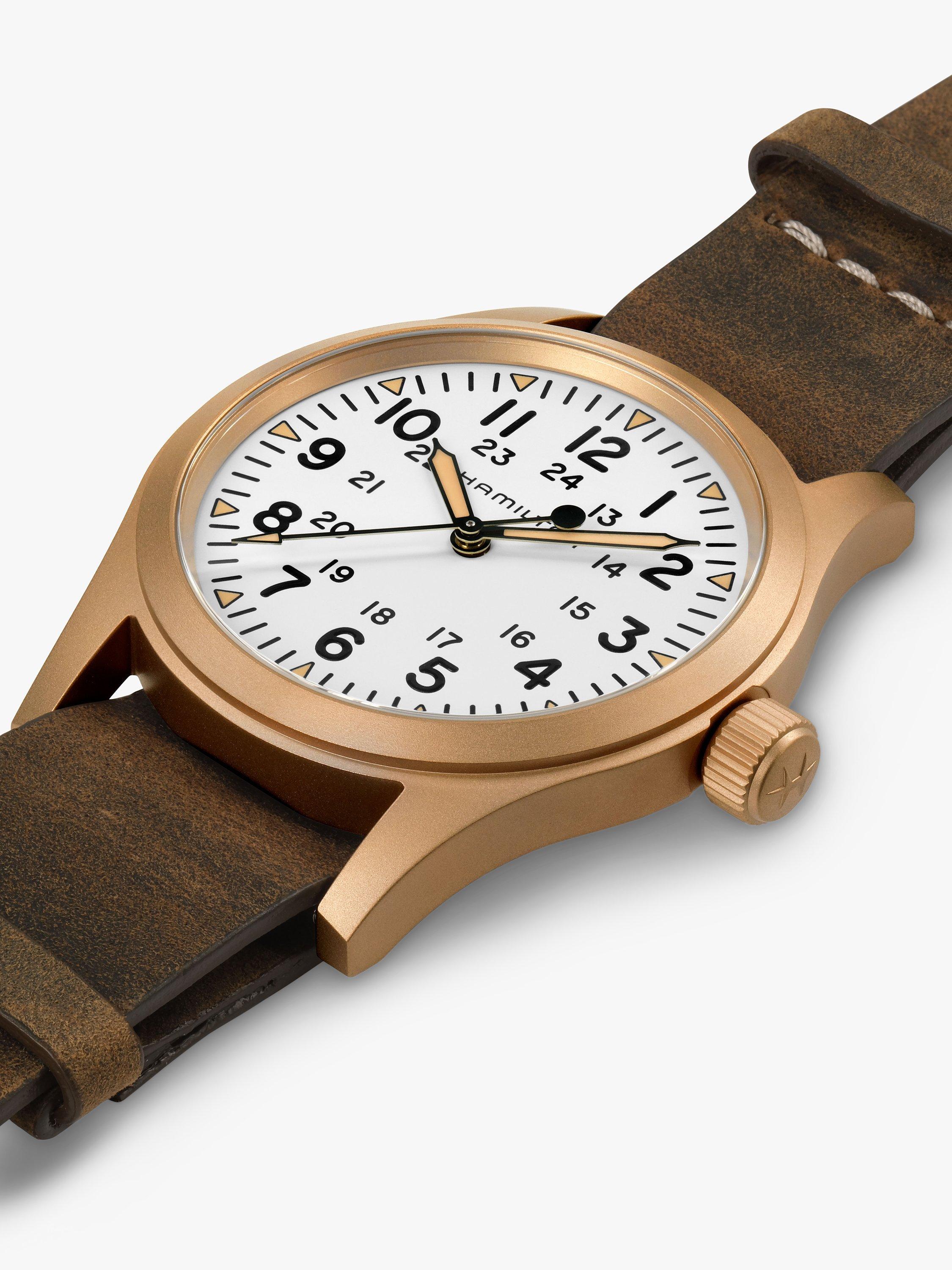 Product image 3 of 4, which shows Hamilton H69459510 Unisex Khaki Field Mechanical Bronze Leather Strap Watch, Brown/White