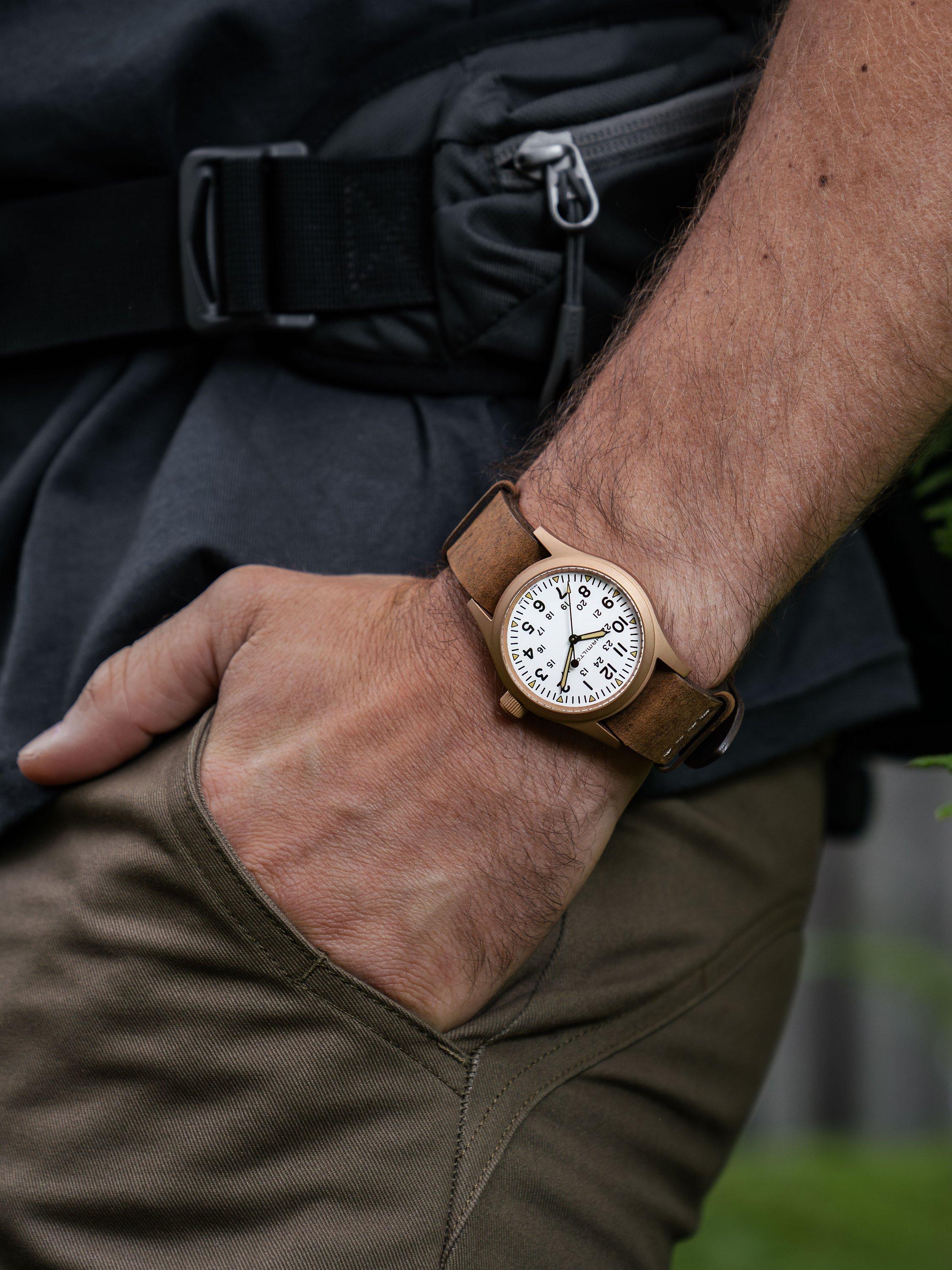Product image 4 of 4, which shows Hamilton H69459510 Unisex Khaki Field Mechanical Bronze Leather Strap Watch, Brown/White
