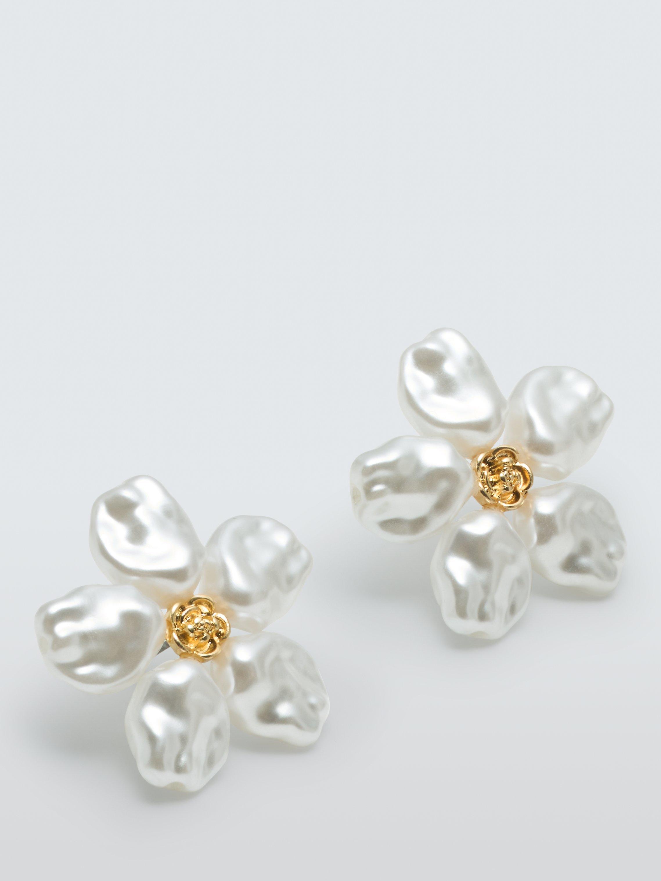 John Lewis Faux Pearl Petal Flower Stud Earrings, Silver/Gold