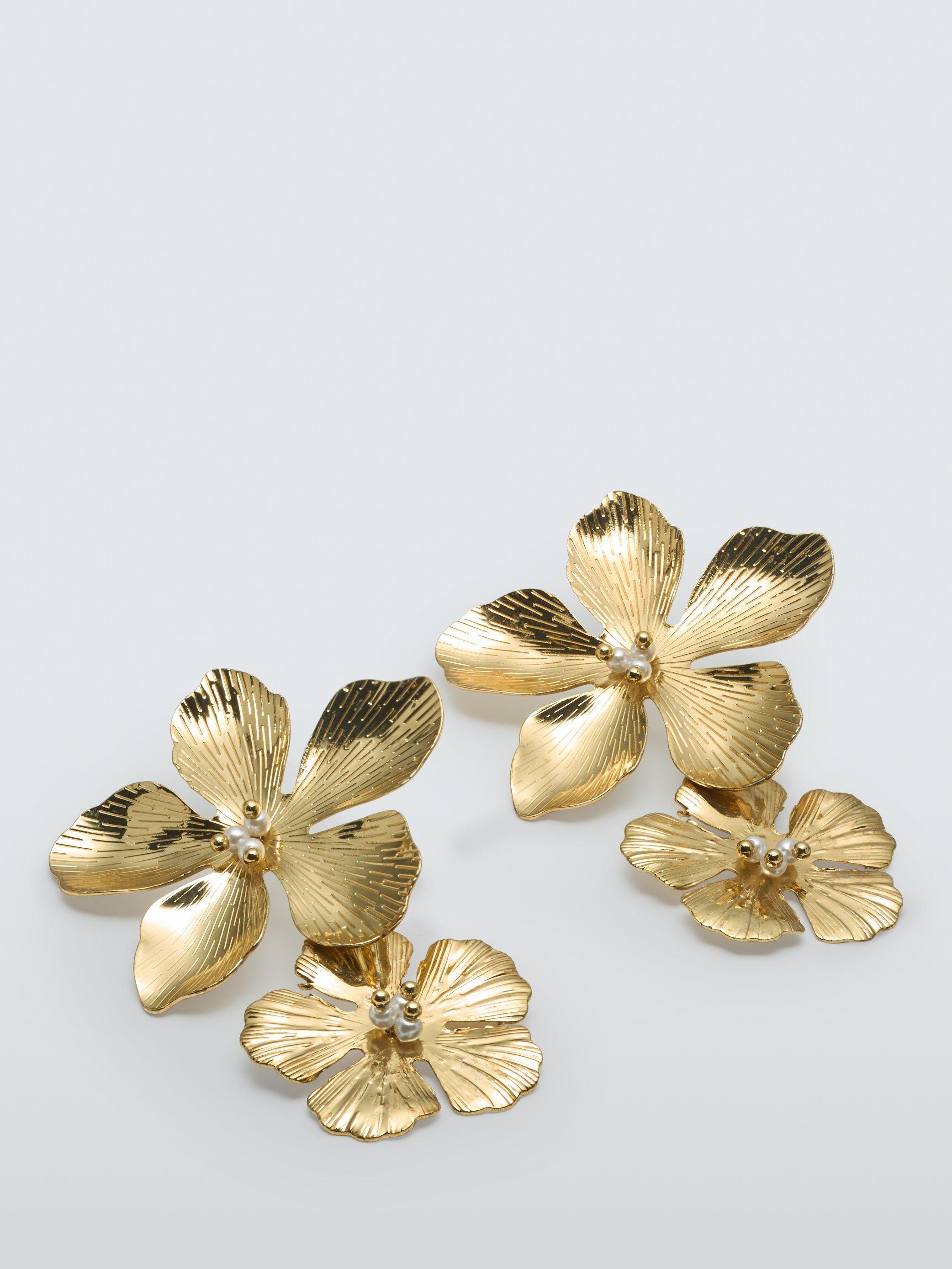 John Lewis Double Flower Statement Drop Earrings, Gold