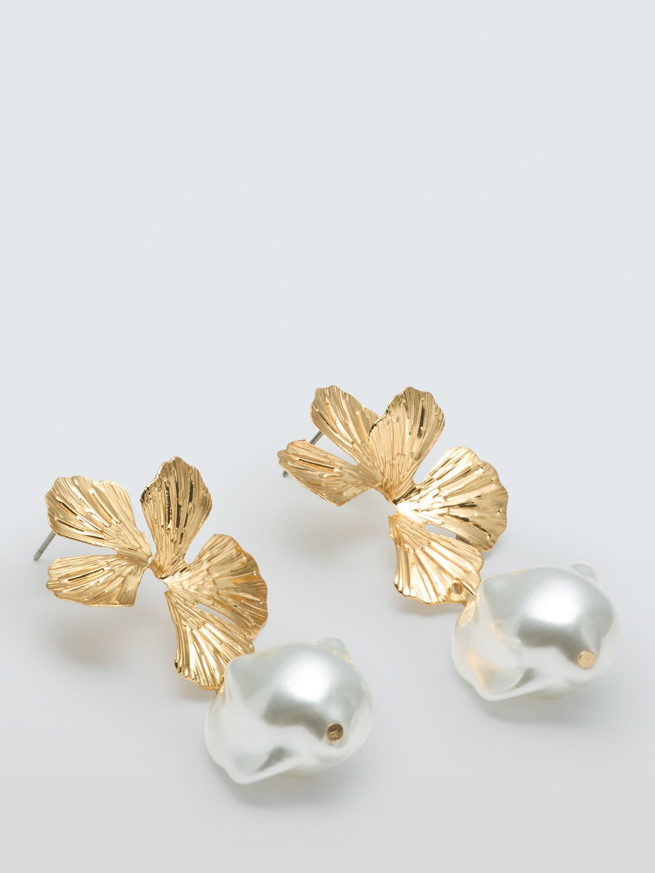 John Lewis Irregular Flower Petal Stud Faux Pearl Drop Earrings Gold