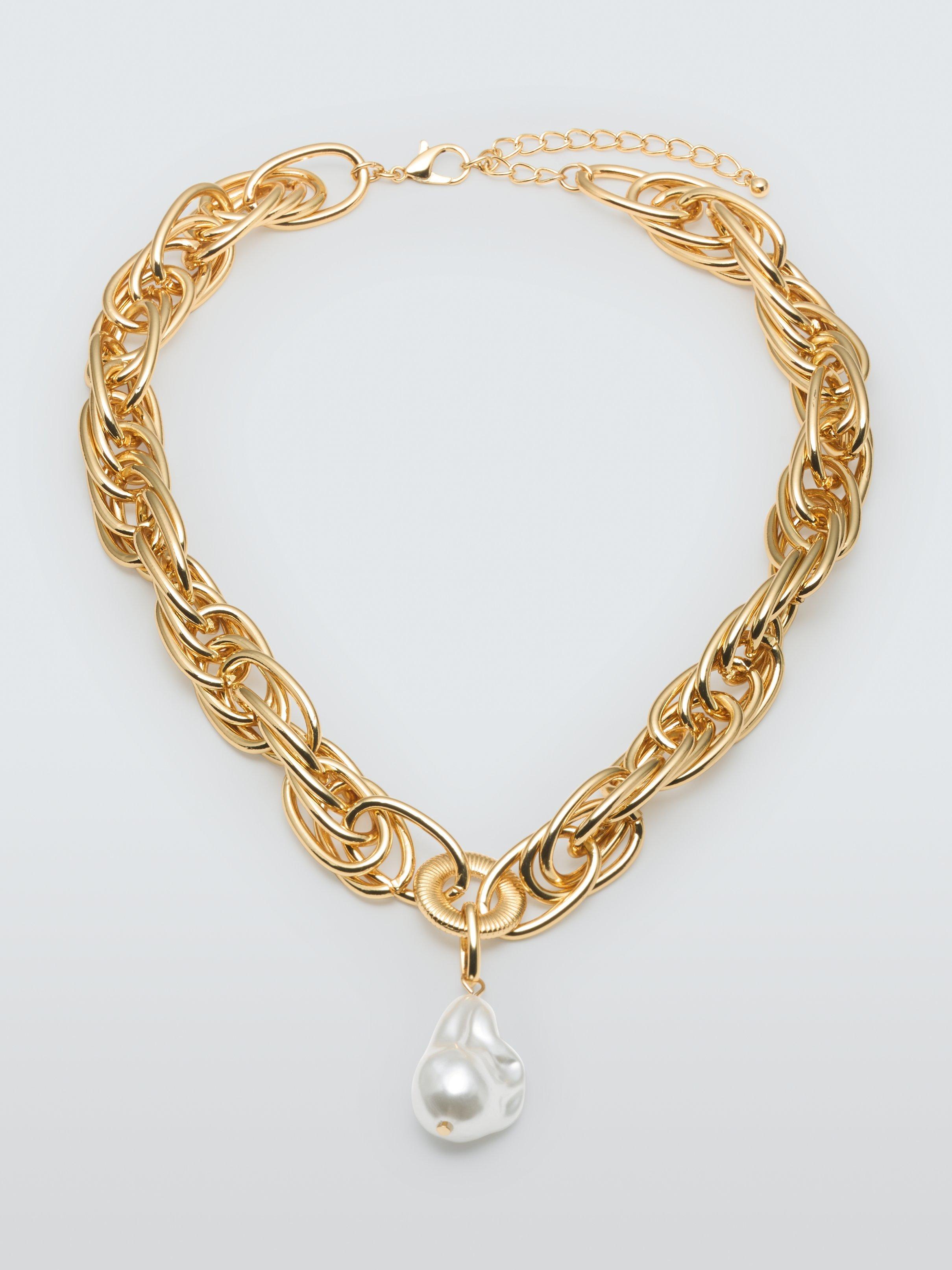 John Lewis Faux Pearl Pendant Statement Link Necklace Gold