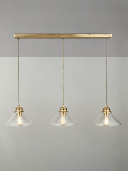 John Lewis Tula 3 Arm Over Diner Bar Ceiling Light, Clear & Brass