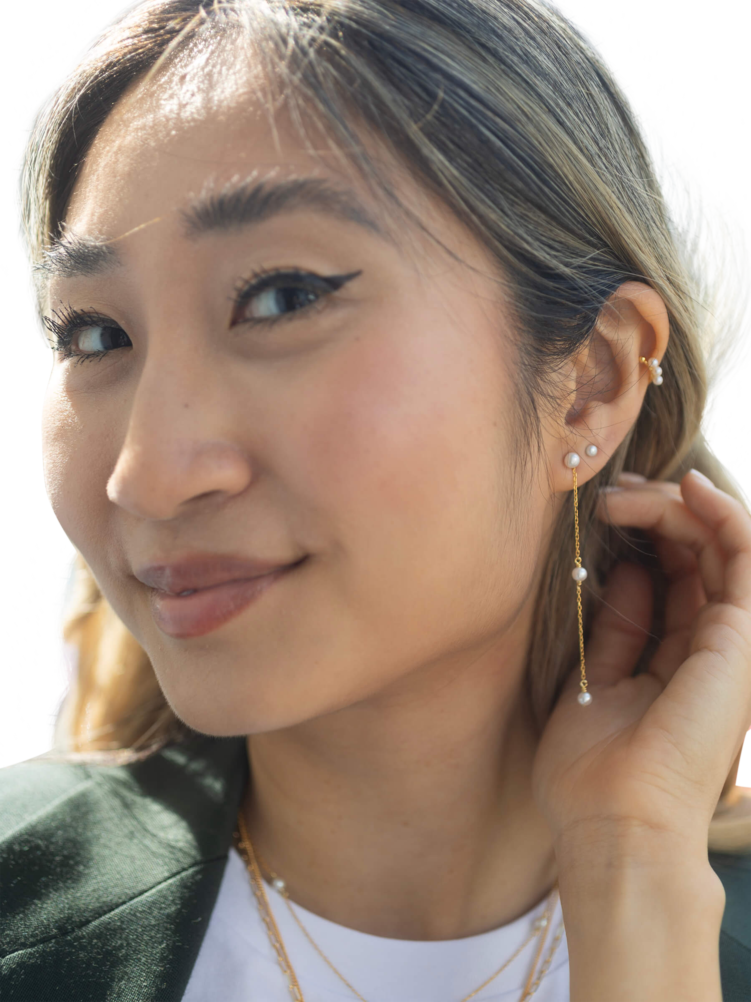 Product image 2 of 5, which shows Claudia Bradby Pearl Chain Drop Earrings, Gold