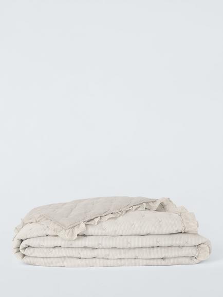 John Lewis Chambray Stripe Reversible Quilted Frilled Bedspread, Natural - view 2, Natural