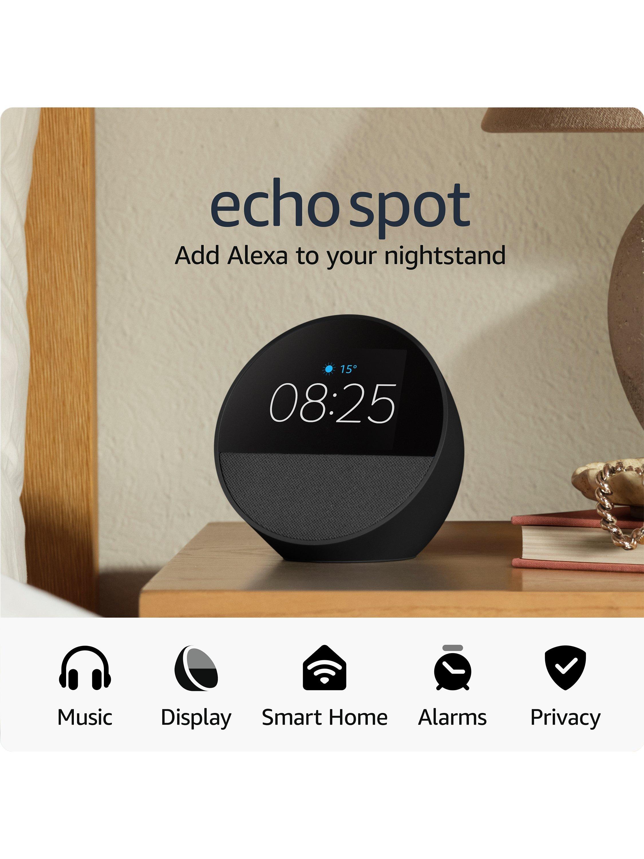 Amazon Echo Spot 2024 Smart Alarm Clock with 2.8 Screen Alexa Voice Recognition Control Black