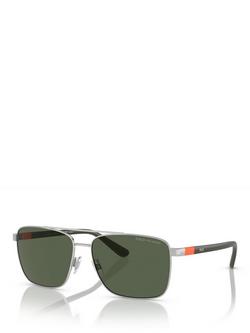 Ralph Lauren Polo Ralph Lauren PH3137 Men's Polarised Square Sunglasses, Shiny Silver/Green, Shiny Silver/Green
