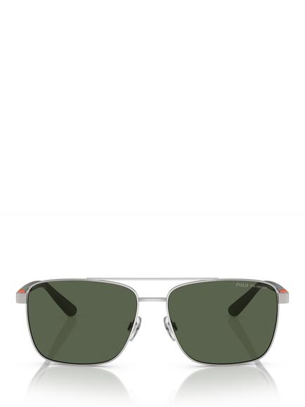 Ralph Lauren Polo Ralph Lauren PH3137 Men's Polarised Square Sunglasses, Shiny Silver/Green - view 2, Shiny Silver/Green