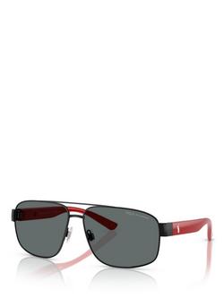 Polo Ralph Lauren PH3156 Men's Polarised Aviator Sunglasses, Black/Red, Black/Red