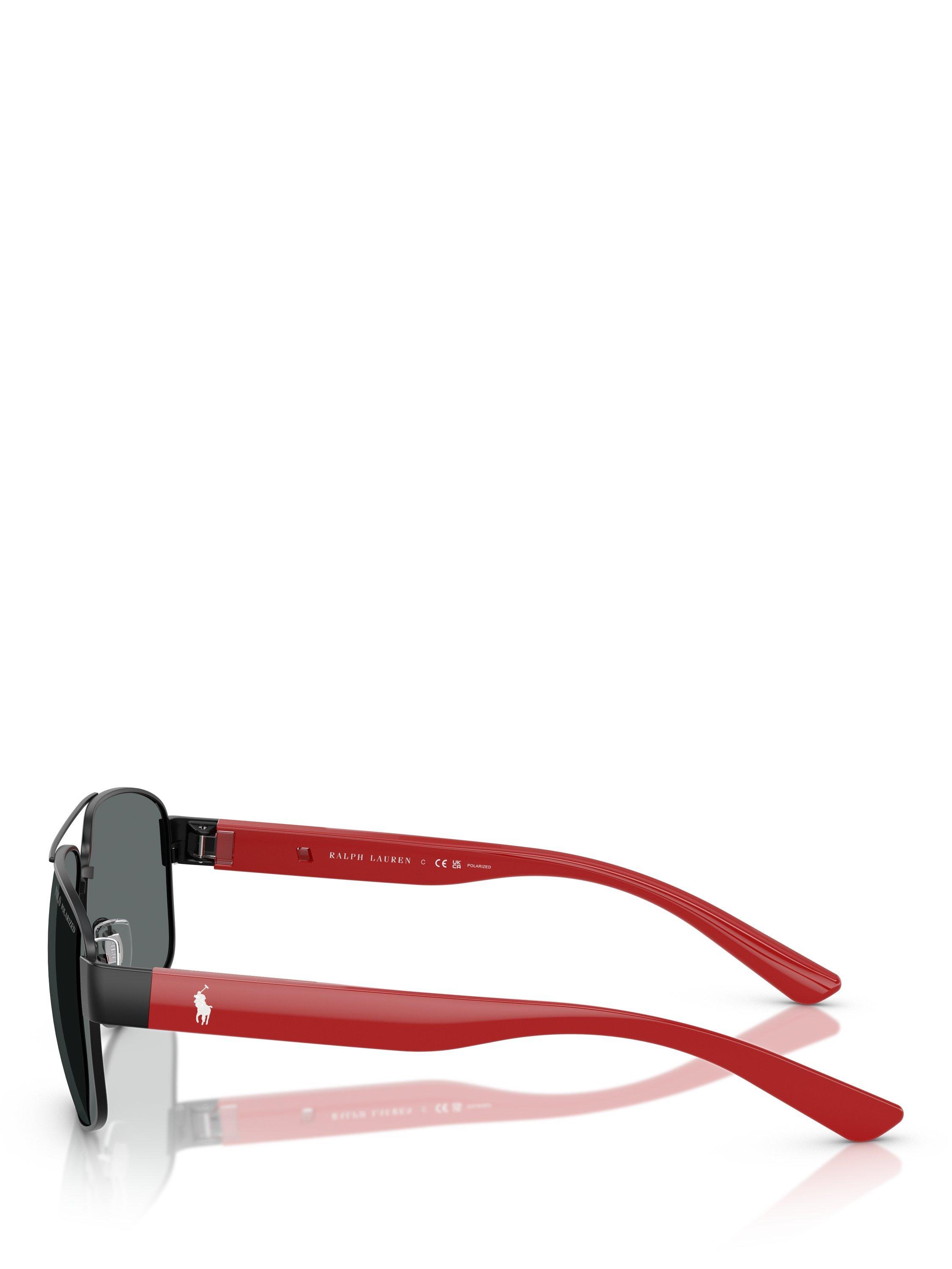 Product image 3 of 5, which shows Polo Ralph Lauren PH3156 Men's Polarised Aviator Sunglasses, Black/Red